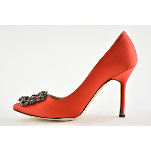 Manolo Blahnik Hangisi 105 Rosso Red Satin Crystal Jewel Buckle Heel Pump 36.5 - Picture 9 of 12